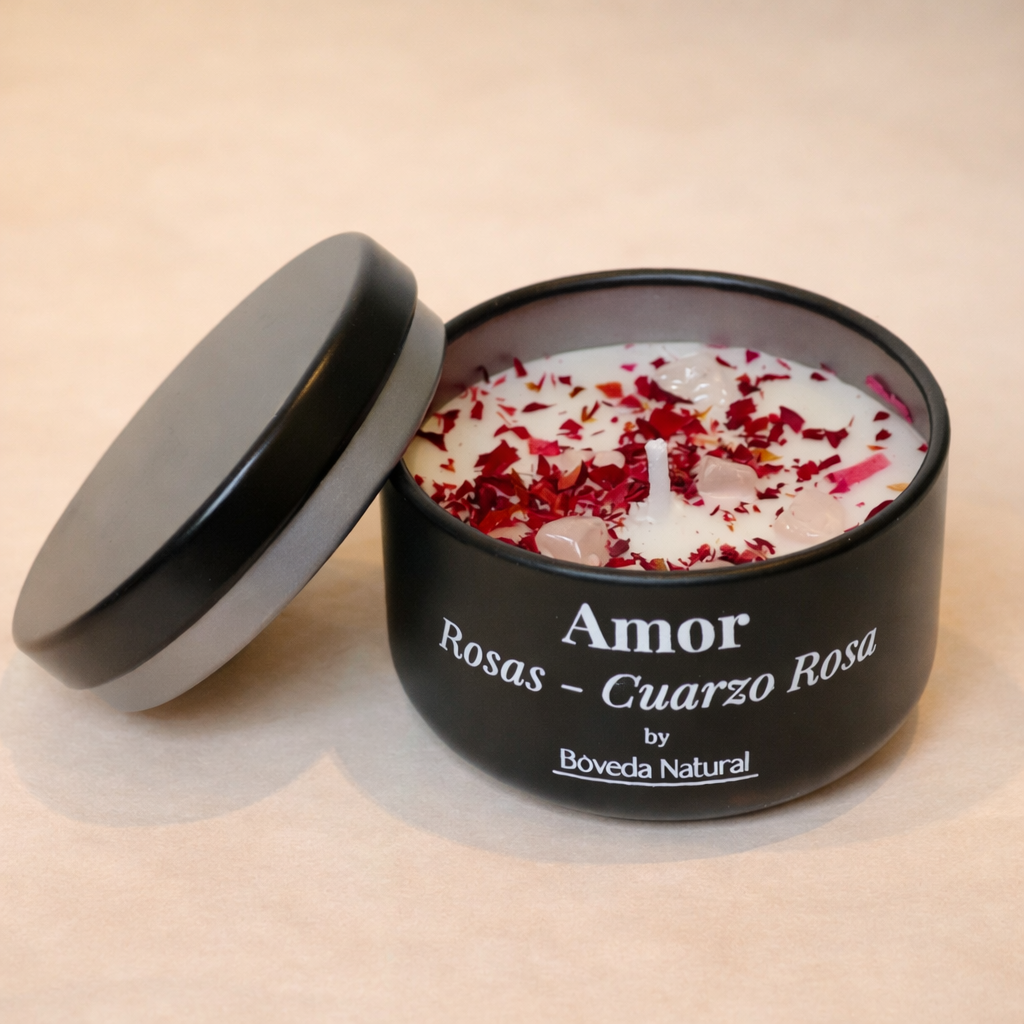 Vela Amor - Cuarzo Rosa y Rosas