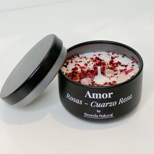 Vela Amor - Cuarzo Rosa y Rosas